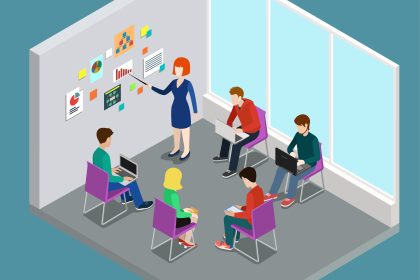 A drawing of someone teaching at the front of a room, and adult learners sitting