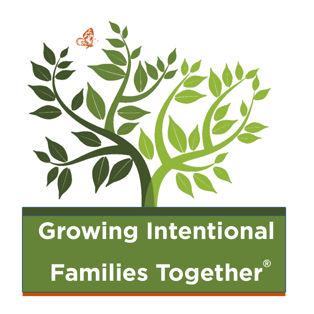 IGIFT - Growing Intentional Families Together green tree branches and leaves with orange butterfly on white background, title in white letters on green background
